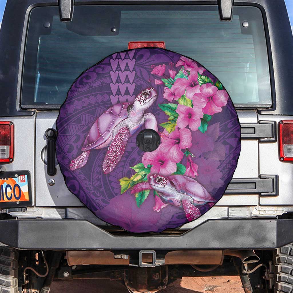 Hawaiian Turtle Love Couple Spare Tire Cover - Sweet Hibiscus and Kakau Pattern Deep Purple Color