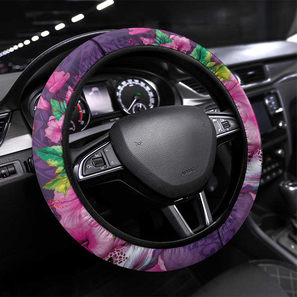 Hawaiian Turtle Love Couple Steering Wheel Cover - Sweet Hibiscus and Kakau Pattern Deep Purple Color