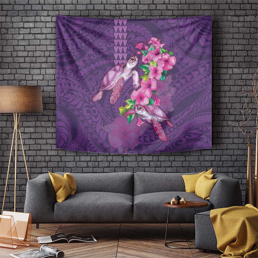 Hawaiian Turtle Love Couple Tapestry - Sweet Hibiscus and Kakau Pattern Deep Purple Color