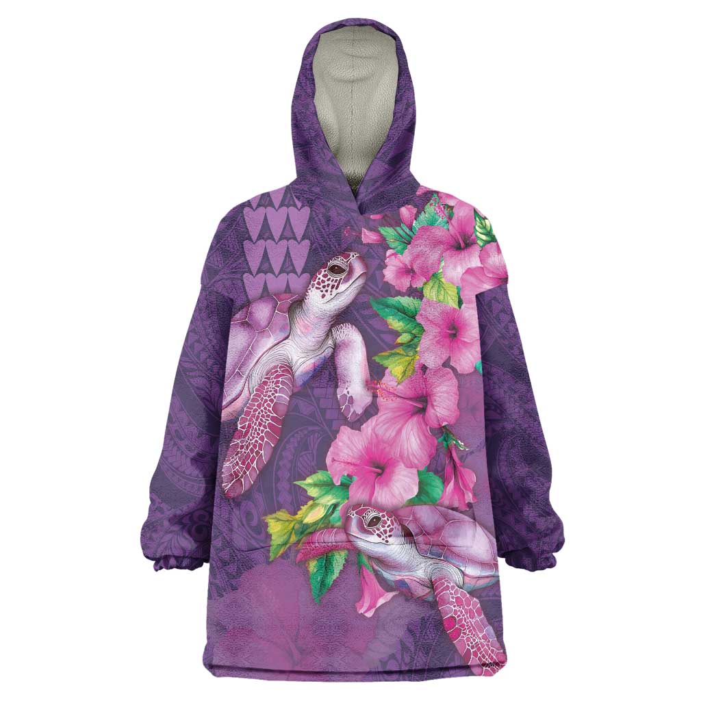 Hawaiian Turtle Love Couple Wearable Blanket Hoodie - Sweet Hibiscus and Kakau Pattern Deep Purple Color