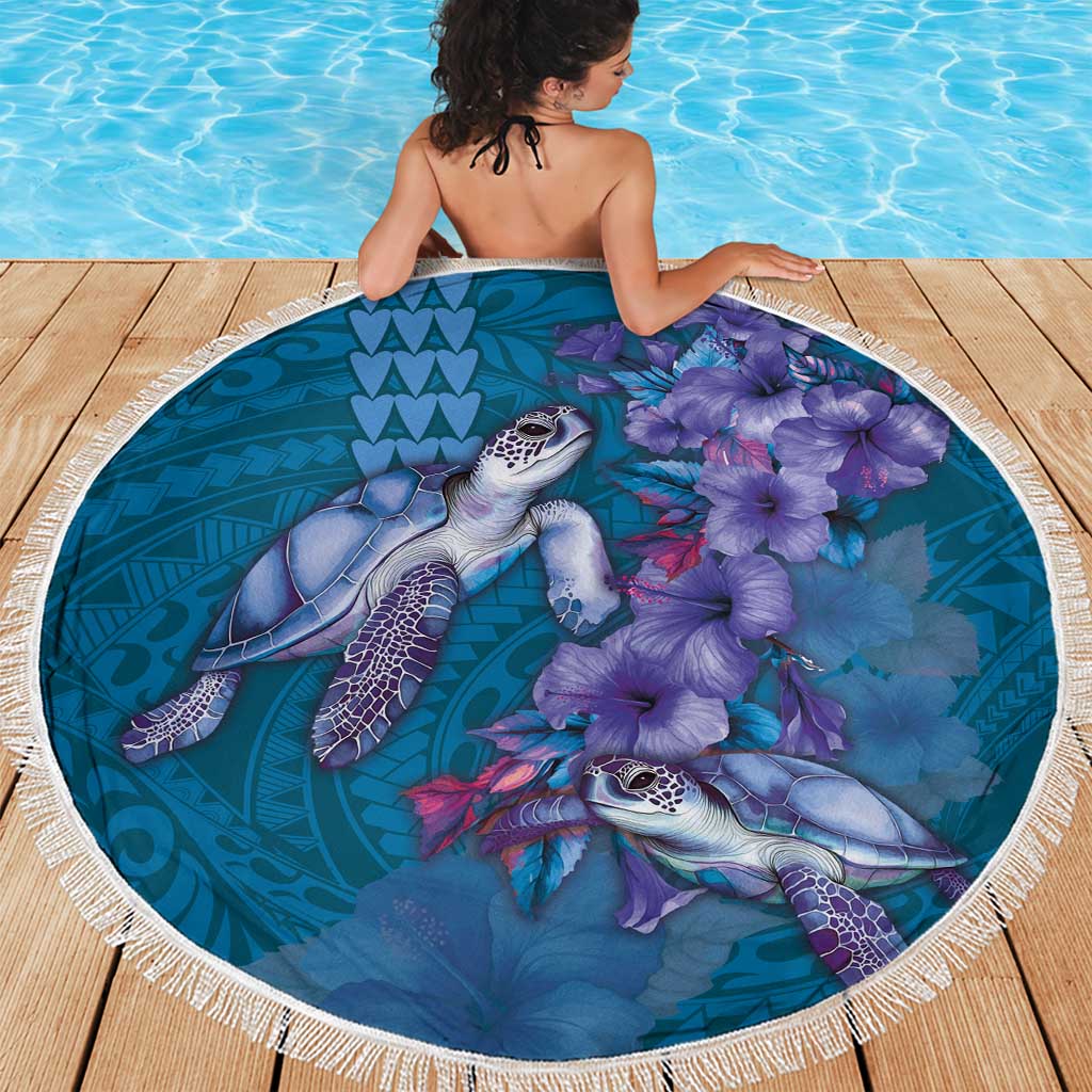 Hawaiian Turtle Love Couple Beach Blanket - Sweet Hibiscus and Kakau Pattern Sapphire Color