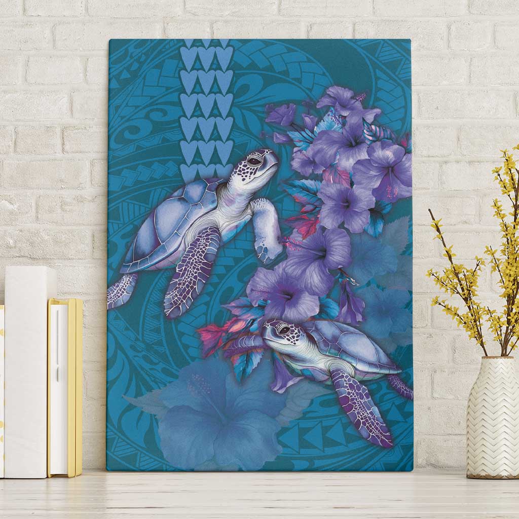 Hawaiian Turtle Love Couple Canvas Wall Art - Sweet Hibiscus and Kakau Pattern Sapphire Color