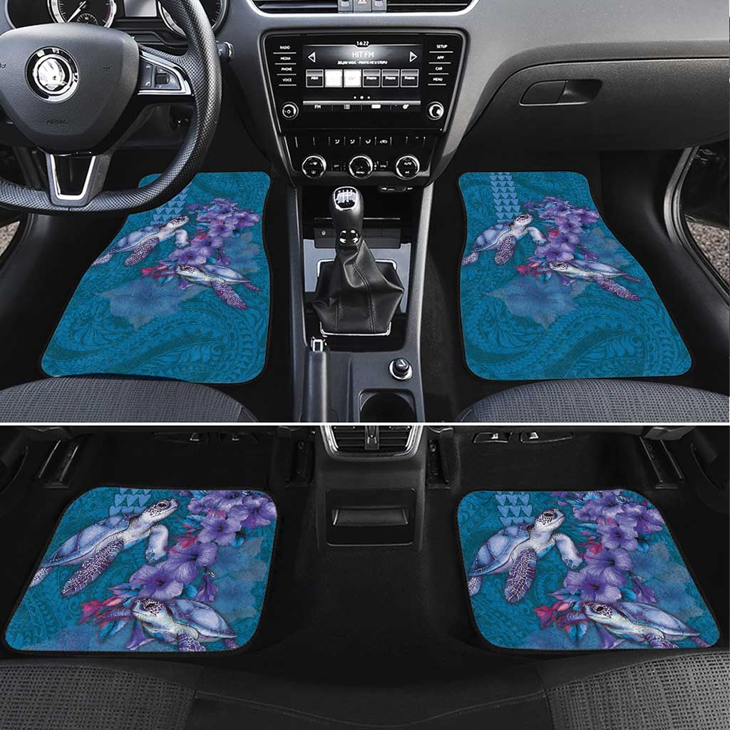 Hawaiian Turtle Love Couple Car Mats - Sweet Hibiscus and Kakau Pattern Sapphire Color