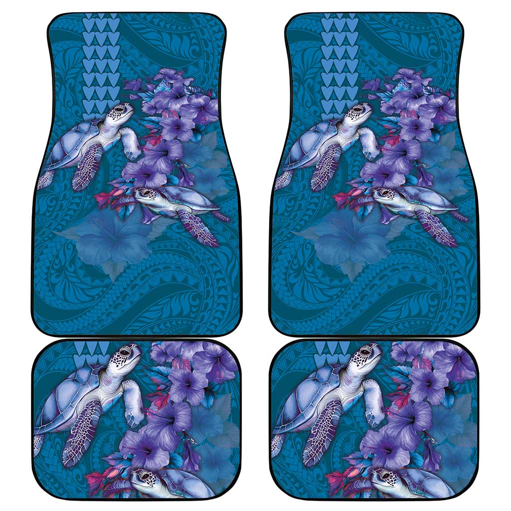 Hawaiian Turtle Love Couple Car Mats - Sweet Hibiscus and Kakau Pattern Sapphire Color
