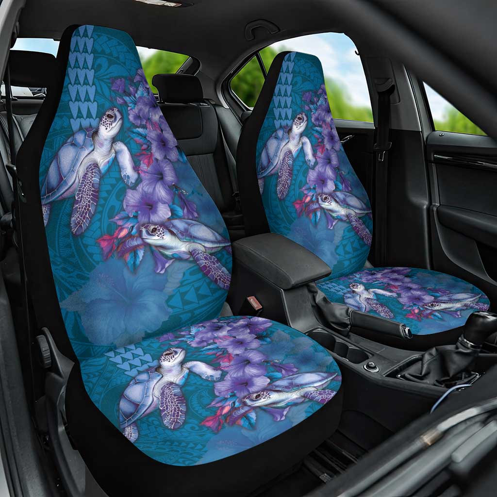 Hawaiian Turtle Love Couple Car Seat Cover - Sweet Hibiscus and Kakau Pattern Sapphire Color