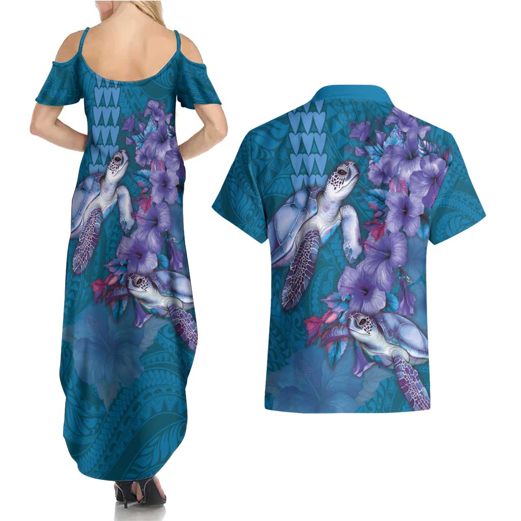 Hawaiian Turtle Love Couple Couples Matching Summer Maxi Dress and Hawaiian Shirt - Sweet Hibiscus and Kakau Pattern Sapphire Color
