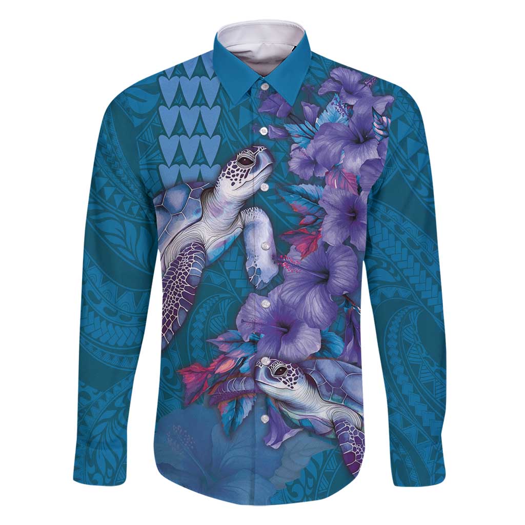 Hawaiian Turtle Love Couple Family Matching Long Sleeve Bodycon Dress and Hawaiian Shirt - Sweet Hibiscus and Kakau Pattern Sapphire Color