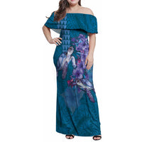Hawaiian Turtle Love Couple Family Matching Off Shoulder Maxi Dress and Hawaiian Shirt - Sweet Hibiscus and Kakau Pattern Sapphire Color