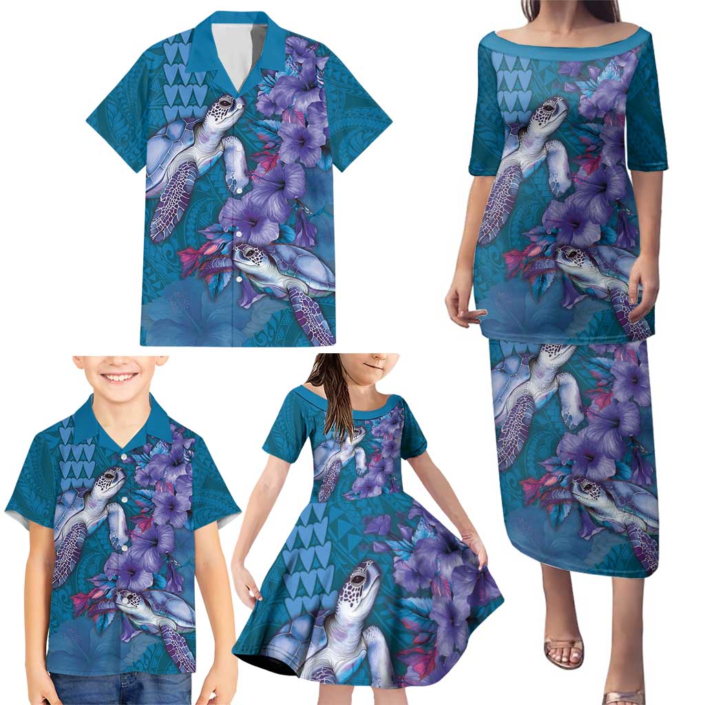 Hawaiian Turtle Love Couple Family Matching Puletasi and Hawaiian Shirt - Sweet Hibiscus and Kakau Pattern Sapphire Color LT03 - Polynesian Pride