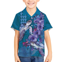 Hawaiian Turtle Love Couple Family Matching Puletasi and Hawaiian Shirt - Sweet Hibiscus and Kakau Pattern Sapphire Color LT03 Son's Shirt Blue - Polynesian Pride