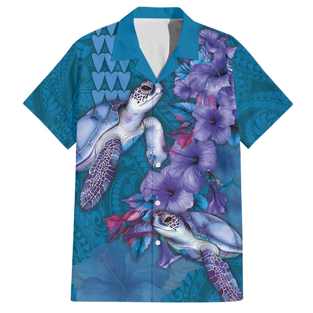 Hawaiian Turtle Love Couple Hawaiian Shirt - Sweet Hibiscus and Kakau Pattern Sapphire Color