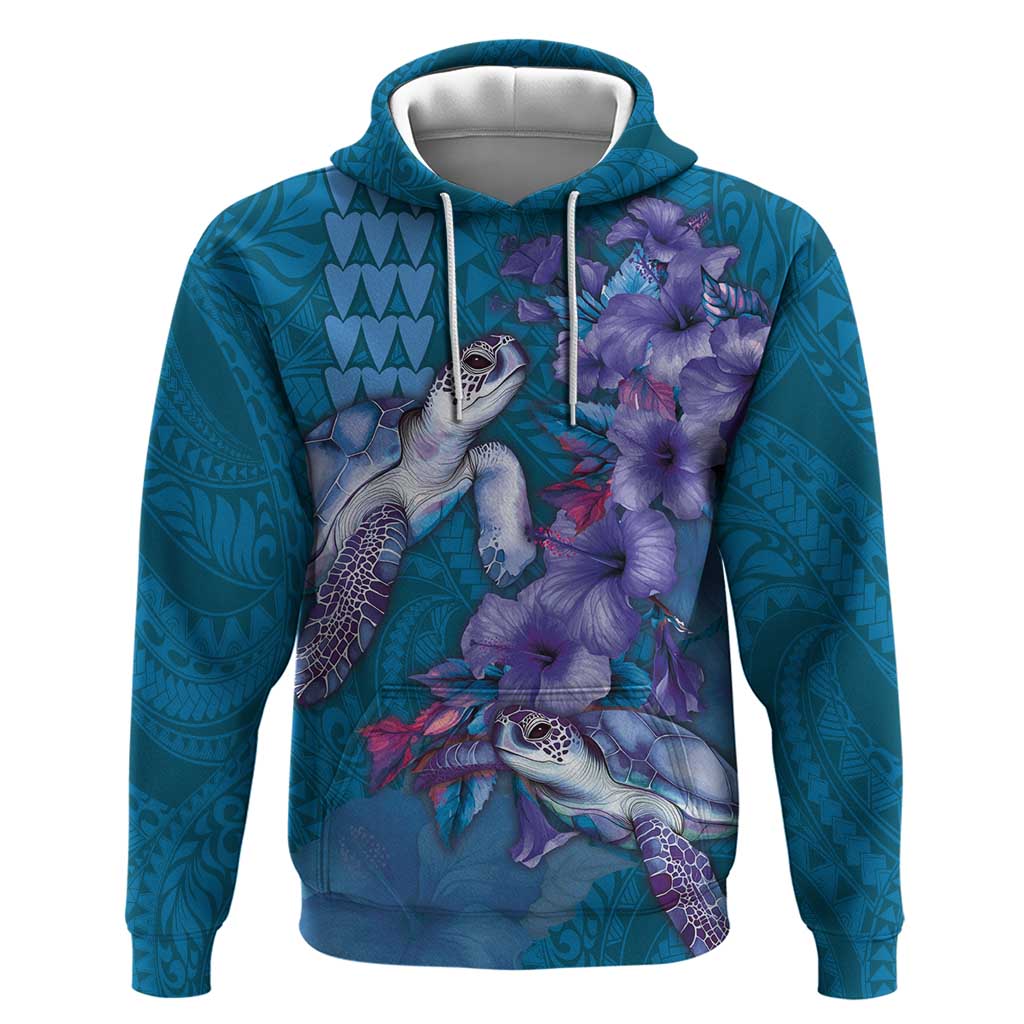 Hawaiian Turtle Love Couple Hoodie - Sweet Hibiscus and Kakau Pattern Sapphire Color