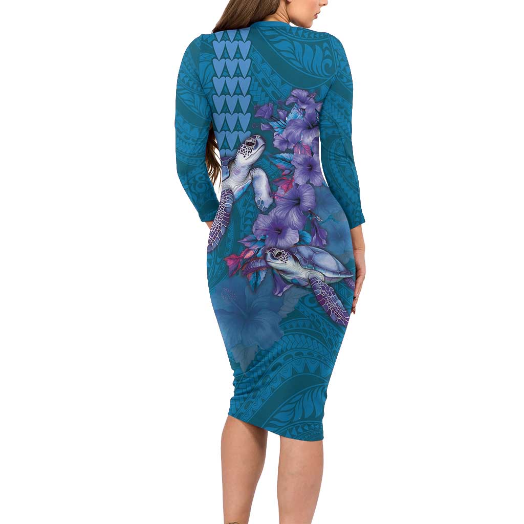 Hawaiian Turtle Love Couple Long Sleeve Bodycon Dress - Sweet Hibiscus and Kakau Pattern Sapphire Color LT03 - Polynesian Pride