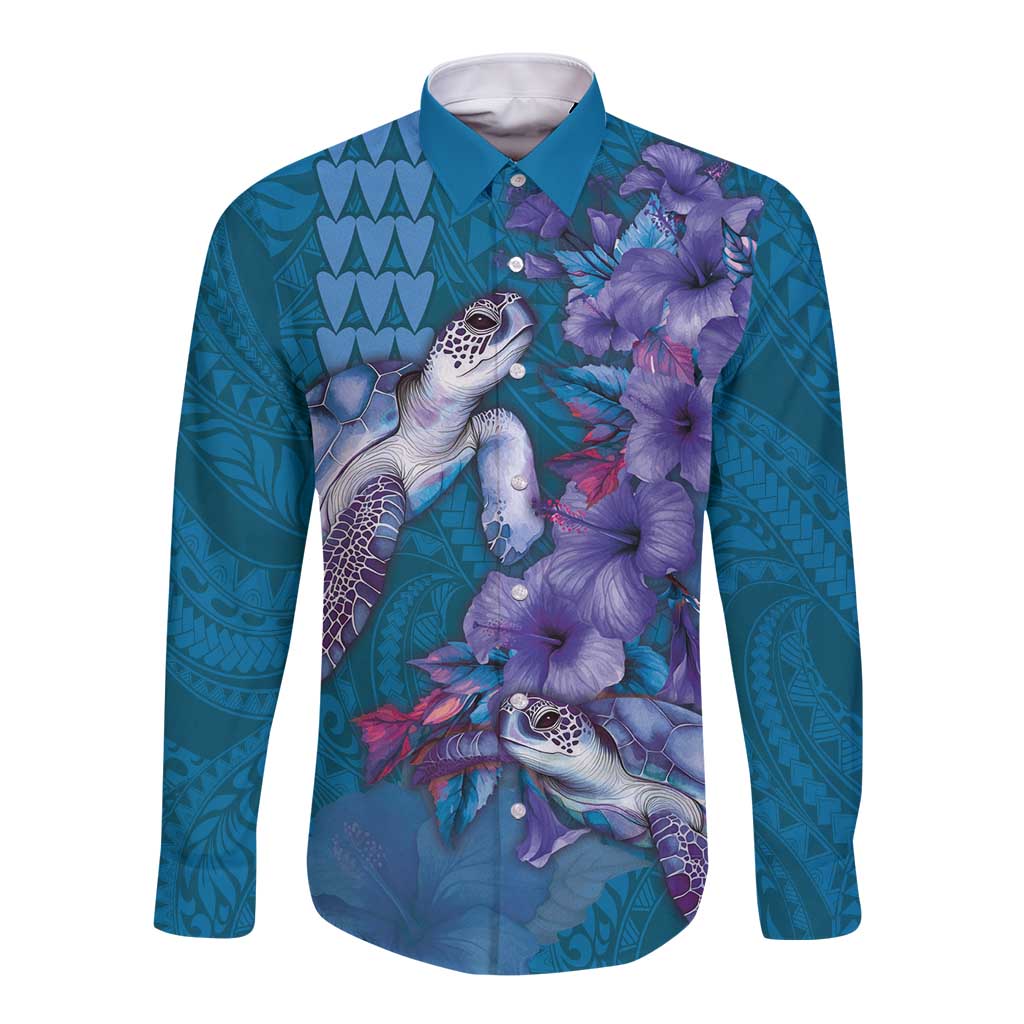 Hawaiian Turtle Love Couple Long Sleeve Button Shirt - Sweet Hibiscus and Kakau Pattern Sapphire Color