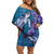 Hawaiian Turtle Love Couple Off Shoulder Short Dress - Sweet Hibiscus and Kakau Pattern Sapphire Color