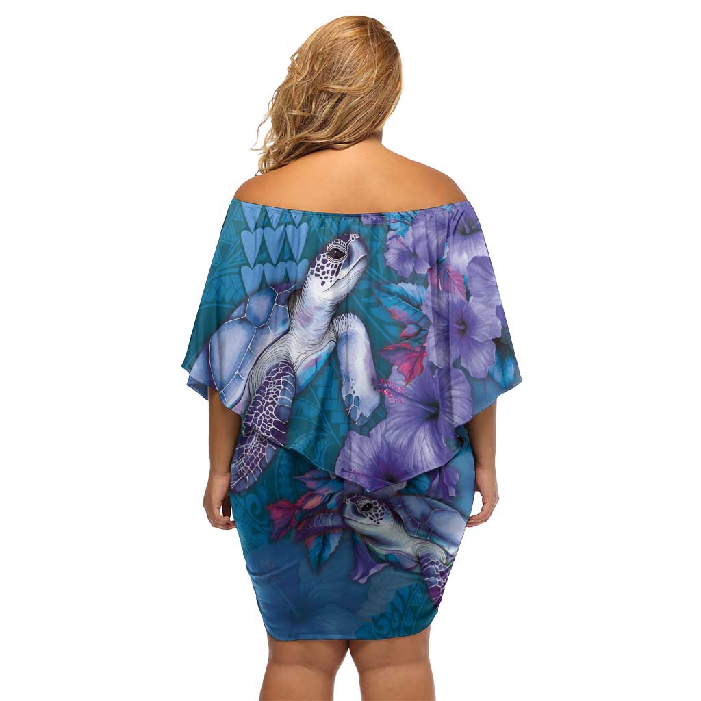 Hawaiian Turtle Love Couple Off Shoulder Short Dress - Sweet Hibiscus and Kakau Pattern Sapphire Color