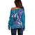 Hawaiian Turtle Love Couple Off Shoulder Sweater - Sweet Hibiscus and Kakau Pattern Sapphire Color