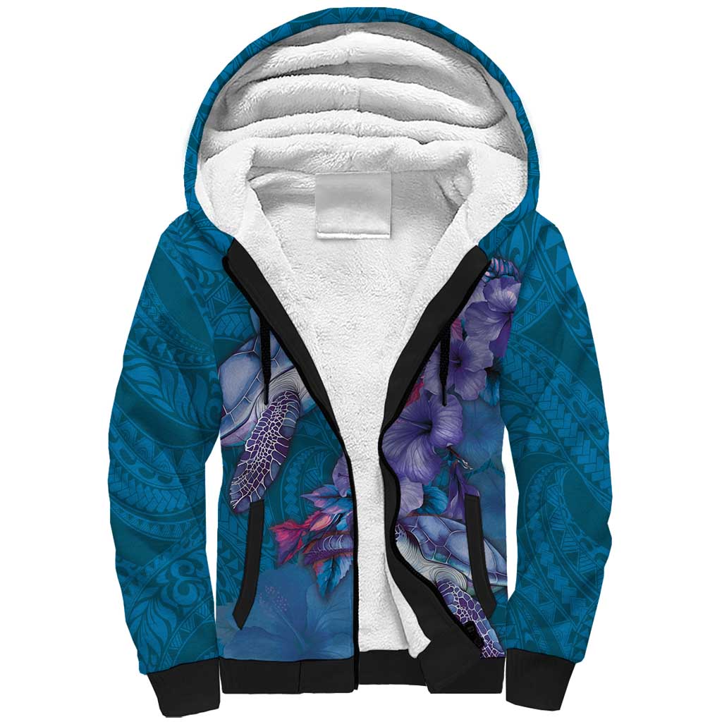 Hawaiian Turtle Love Couple Sherpa Hoodie - Sweet Hibiscus and Kakau Pattern Sapphire Color