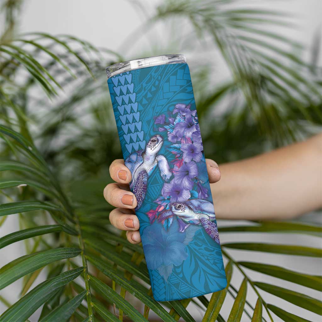 Hawaiian Turtle Love Couple Skinny Tumbler Sweet Hibiscus and Kakau Pattern Sapphire Color