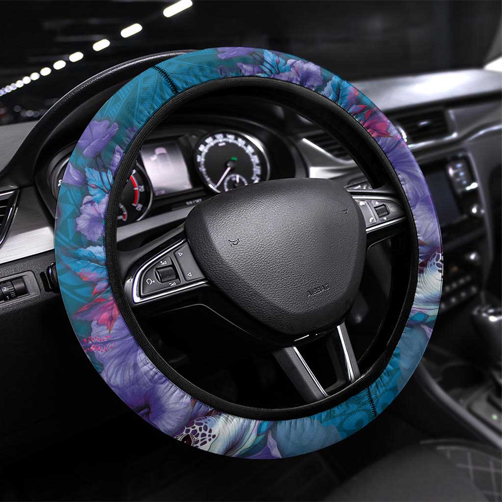 Hawaiian Turtle Love Couple Steering Wheel Cover - Sweet Hibiscus and Kakau Pattern Sapphire Color