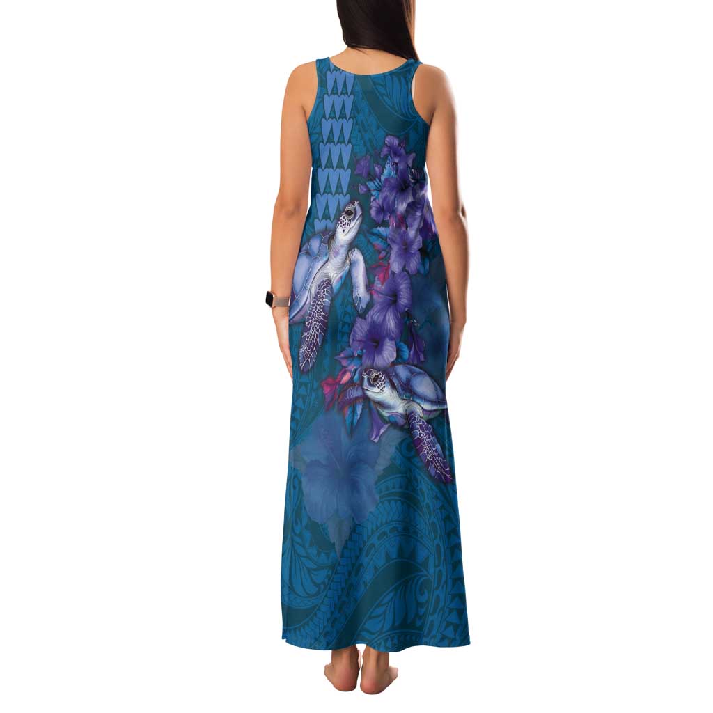 Hawaiian Turtle Love Couple Tank Maxi Dress - Sweet Hibiscus and Kakau Pattern Sapphire Color