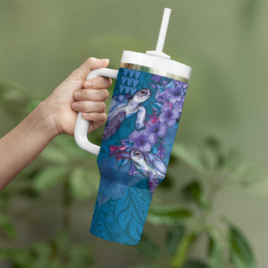 Hawaiian Turtle Love Couple Tumbler With Handle Sweet Hibiscus and Kakau Pattern Sapphire Color
