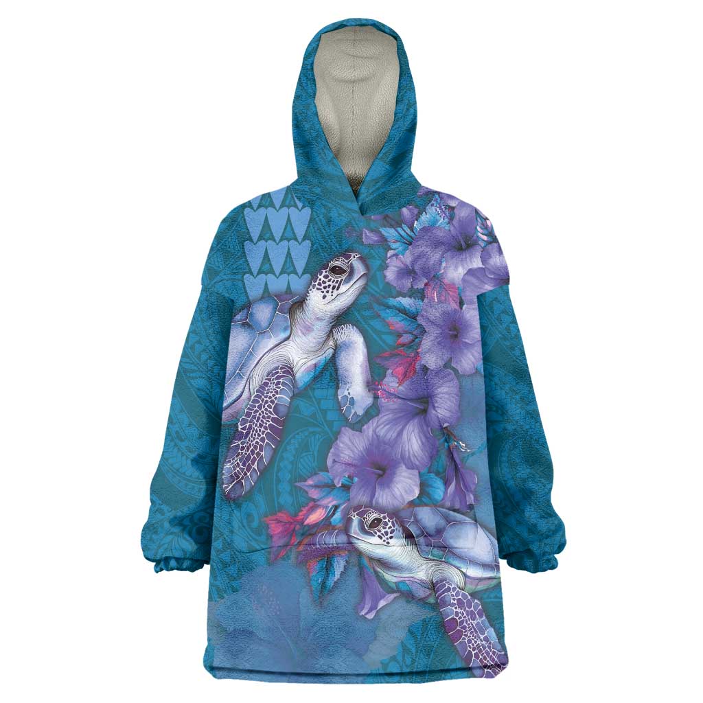 Hawaiian Turtle Love Couple Wearable Blanket Hoodie - Sweet Hibiscus and Kakau Pattern Sapphire Color