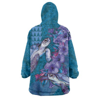 Hawaiian Turtle Love Couple Wearable Blanket Hoodie - Sweet Hibiscus and Kakau Pattern Sapphire Color