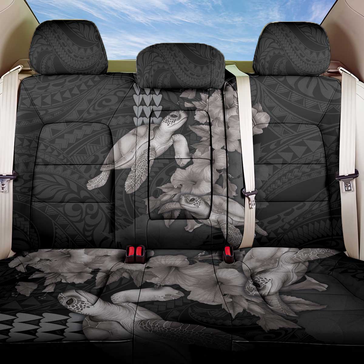 Hawaiian Turtle Love Couple Back Car Seat Cover - Sweet Hibiscus and Kakau Pattern Grayscale Color