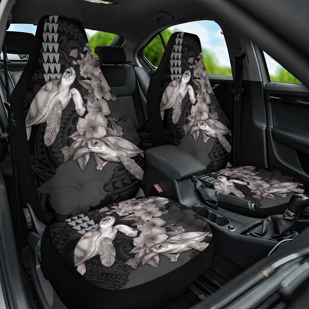 Hawaiian Turtle Love Couple Car Seat Cover - Sweet Hibiscus and Kakau Pattern Grayscale Color