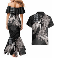 Hawaiian Turtle Love Couple Couples Matching Mermaid Dress and Hawaiian Shirt - Sweet Hibiscus and Kakau Pattern Grayscale Color