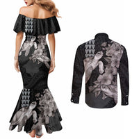 Hawaiian Turtle Love Couple Couples Matching Mermaid Dress and Long Sleeve Button Shirt - Sweet Hibiscus and Kakau Pattern Grayscale Color
