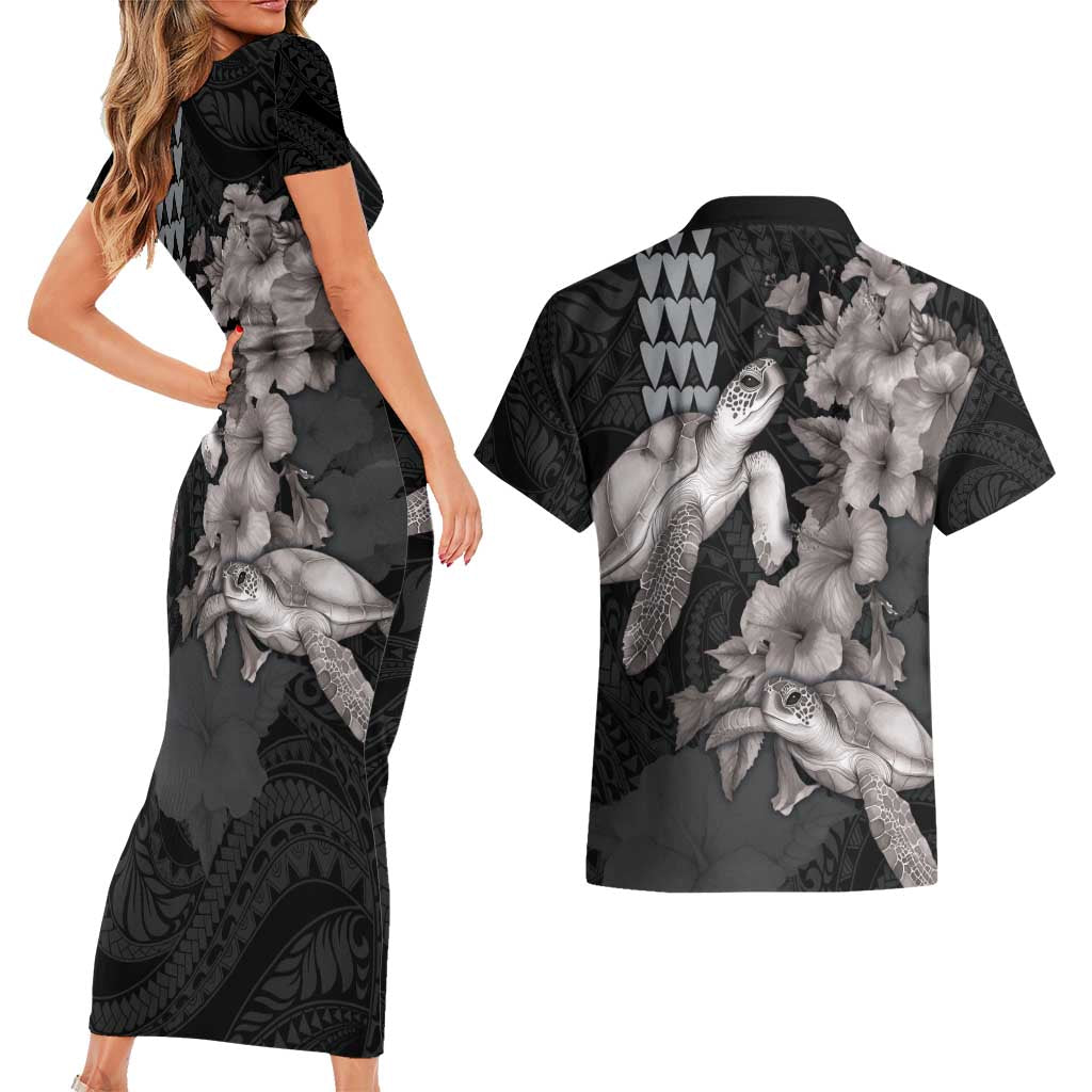 Hawaiian Turtle Love Couple Couples Matching Short Sleeve Bodycon Dress and Hawaiian Shirt - Sweet Hibiscus and Kakau Pattern Grayscale Color