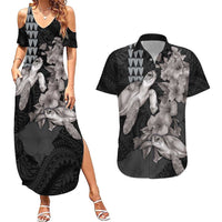 Hawaiian Turtle Love Couple Couples Matching Summer Maxi Dress and Hawaiian Shirt - Sweet Hibiscus and Kakau Pattern Grayscale Color
