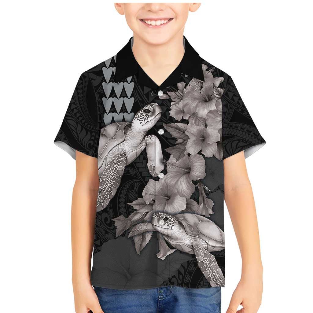 Hawaiian Turtle Love Couple Family Matching Mermaid Dress and Hawaiian Shirt - Sweet Hibiscus and Kakau Pattern Grayscale Color
