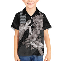 Hawaiian Turtle Love Couple Family Matching Off The Shoulder Long Sleeve Dress and Hawaiian Shirt - Sweet Hibiscus and Kakau Pattern Grayscale Color