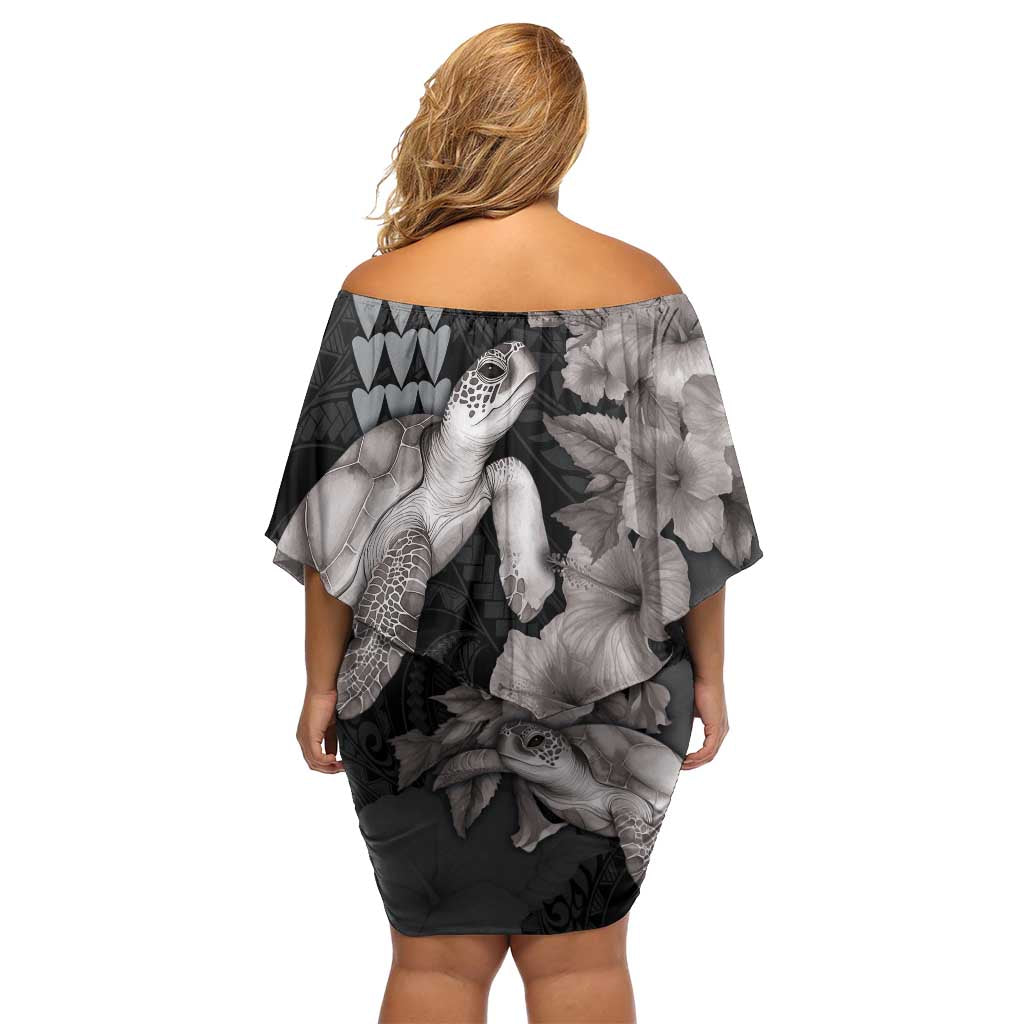 Hawaiian Turtle Love Couple Family Matching Off Shoulder Short Dress and Hawaiian Shirt - Sweet Hibiscus and Kakau Pattern Grayscale Color