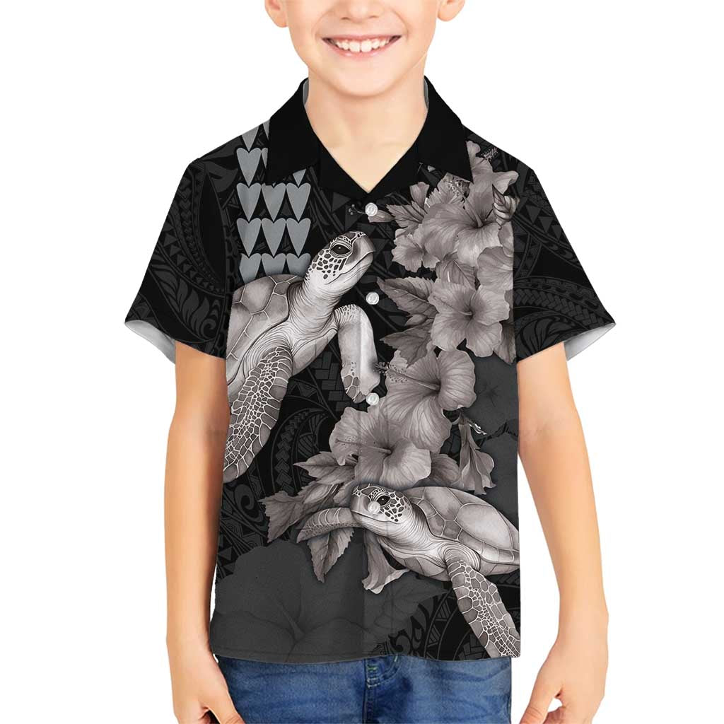 Hawaiian Turtle Love Couple Family Matching Off Shoulder Short Dress and Hawaiian Shirt - Sweet Hibiscus and Kakau Pattern Grayscale Color
