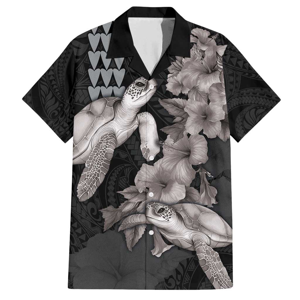 Hawaiian Turtle Love Couple Family Matching Puletasi and Hawaiian Shirt - Sweet Hibiscus and Kakau Pattern Grayscale Color LT03 Dad's Shirt - Short Sleeve Black - Polynesian Pride