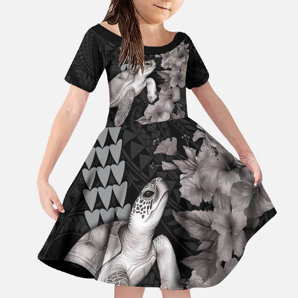 Hawaiian Turtle Love Couple Family Matching Short Sleeve Bodycon Dress and Hawaiian Shirt - Sweet Hibiscus and Kakau Pattern Grayscale Color