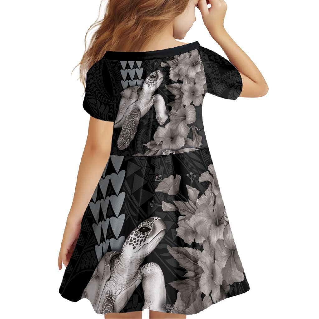 Hawaiian Turtle Love Couple Family Matching Short Sleeve Bodycon Dress and Hawaiian Shirt - Sweet Hibiscus and Kakau Pattern Grayscale Color