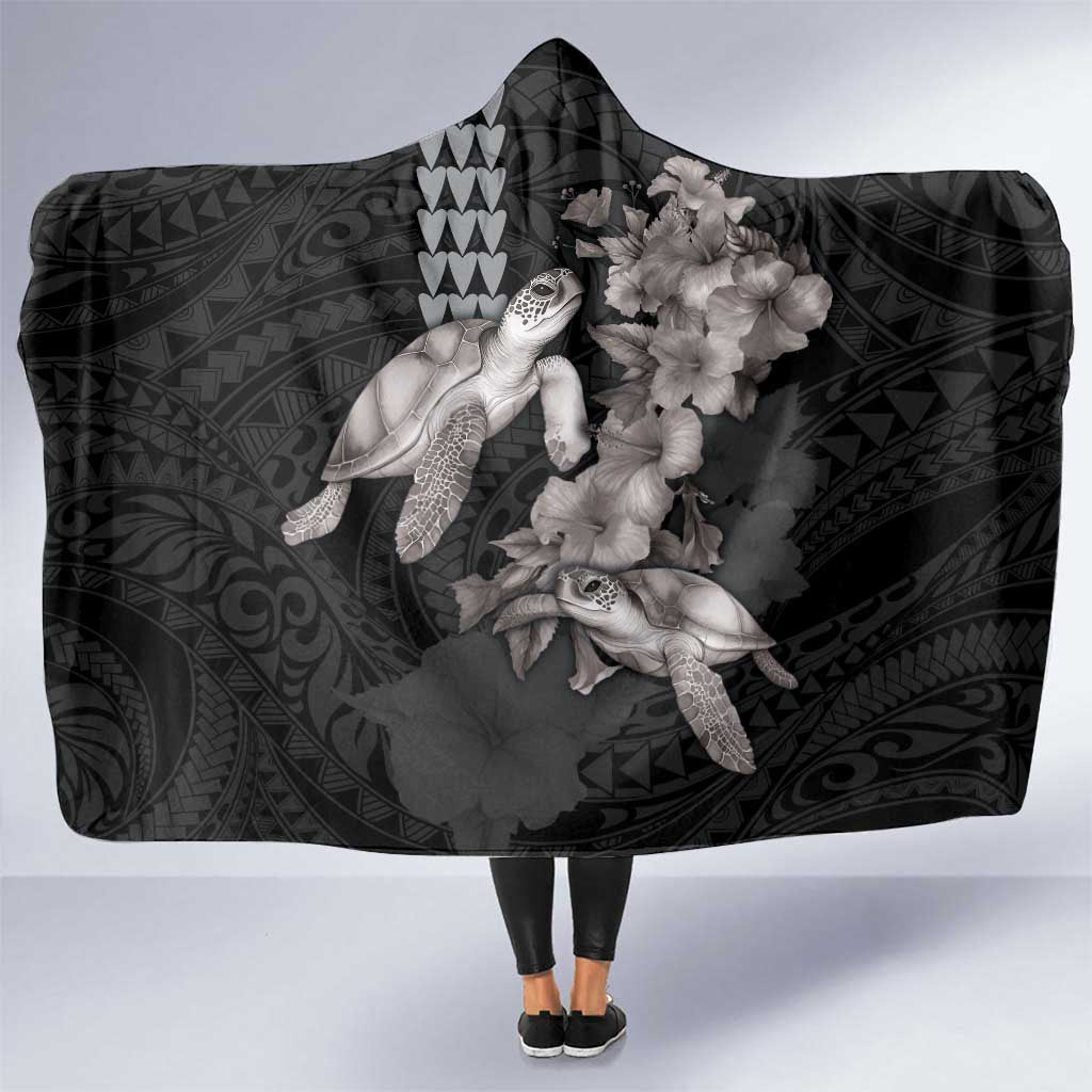 Hawaiian Turtle Love Couple Hooded Blanket - Sweet Hibiscus and Kakau Pattern Grayscale Color