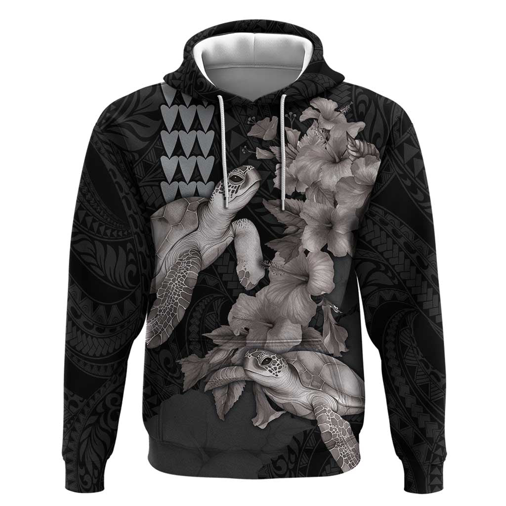 Hawaiian Turtle Love Couple Hoodie - Sweet Hibiscus and Kakau Pattern Grayscale Color