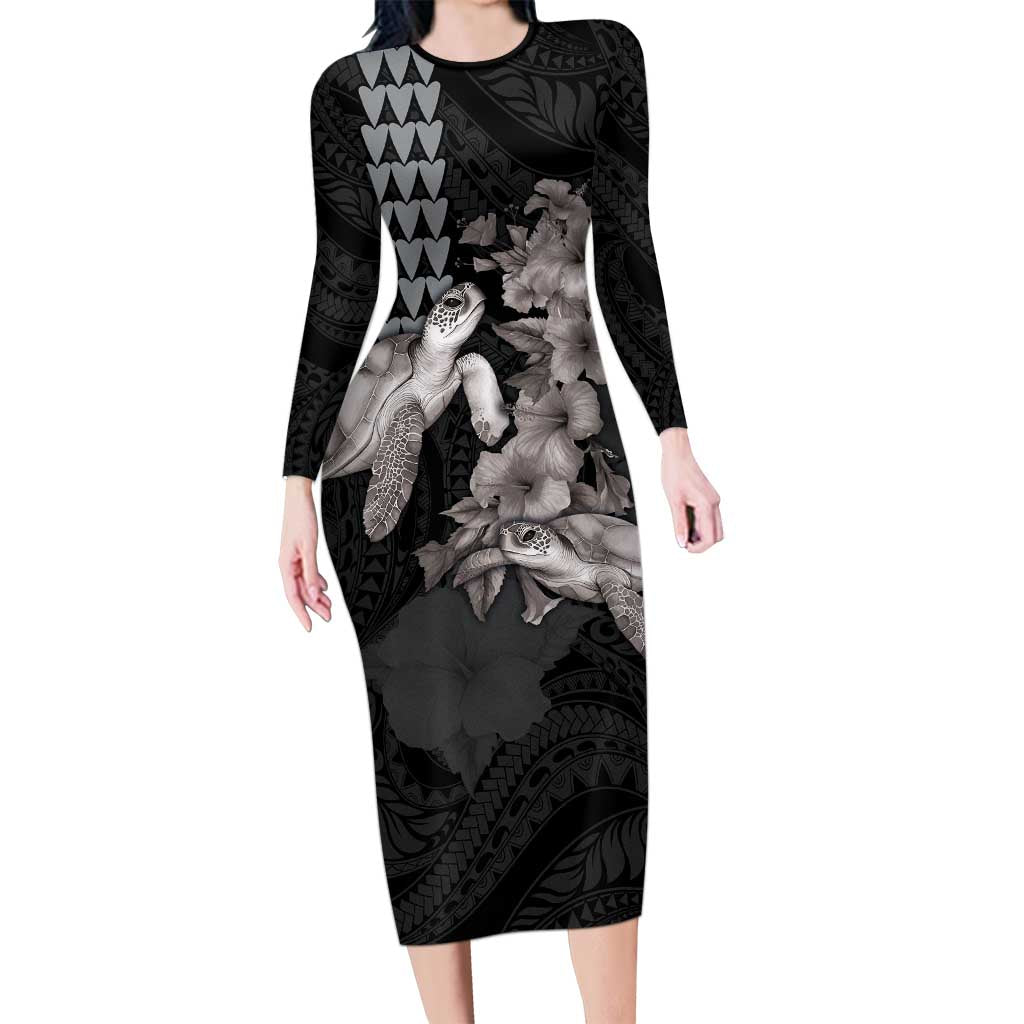 Hawaiian Turtle Love Couple Long Sleeve Bodycon Dress - Sweet Hibiscus and Kakau Pattern Grayscale Color LT03 Long Dress Black - Polynesian Pride