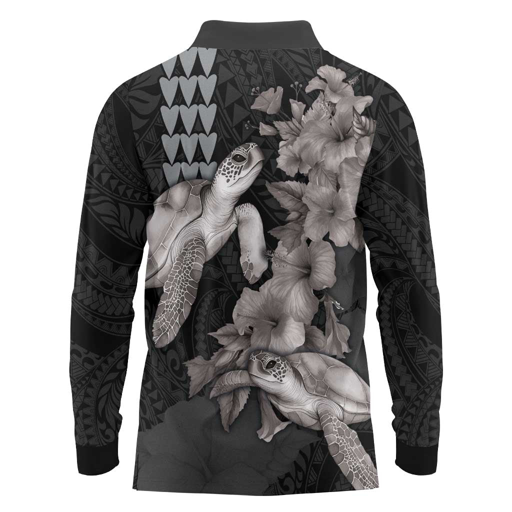 Hawaiian Turtle Love Couple Long Sleeve Polo Shirt - Sweet Hibiscus and Kakau Pattern Grayscale Color
