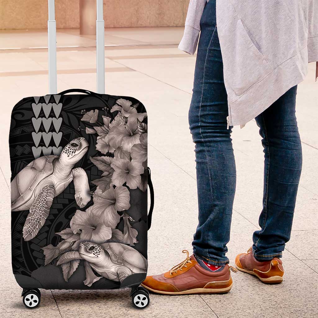 Hawaiian Turtle Love Couple Luggage Cover - Sweet Hibiscus and Kakau Pattern Grayscale Color