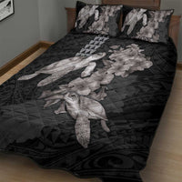 Hawaiian Turtle Love Couple Quilt Bed Set - Sweet Hibiscus and Kakau Pattern Grayscale Color
