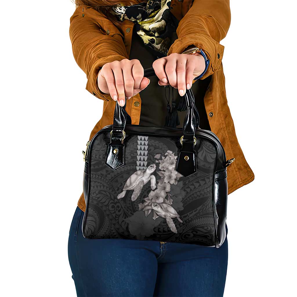 Hawaiian Turtle Love Couple Shoulder Handbag - Sweet Hibiscus and Kakau Pattern Grayscale Color