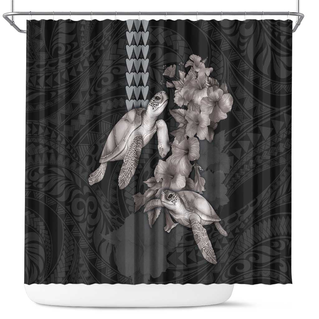 Hawaiian Turtle Love Couple Shower Curtain - Sweet Hibiscus and Kakau Pattern Grayscale Color