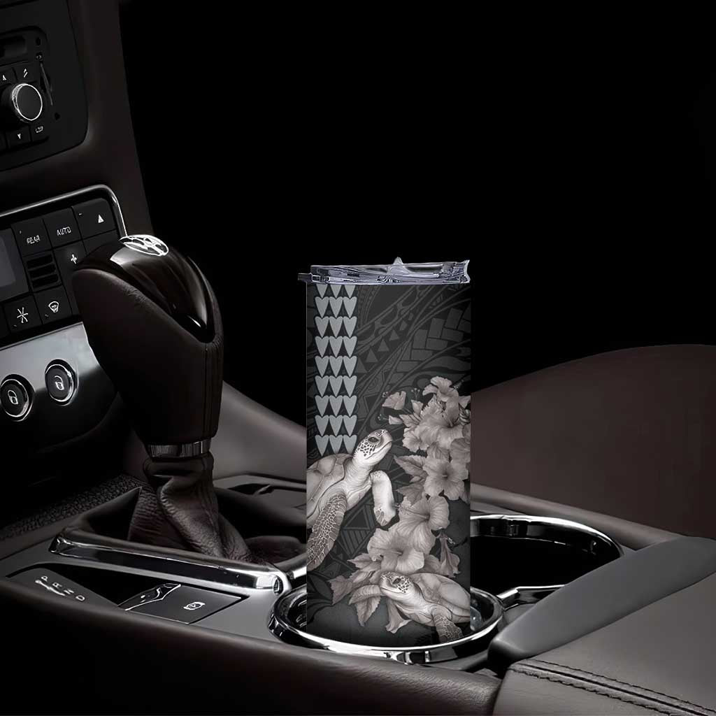 Hawaiian Turtle Love Couple Skinny Tumbler Sweet Hibiscus and Kakau Pattern Grayscale Color